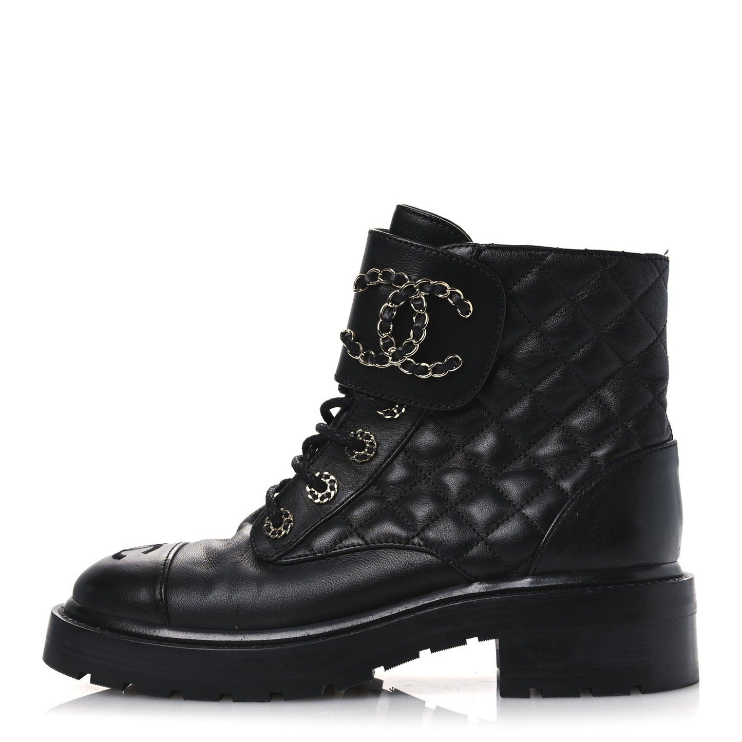 Shiny Lambskin Quilted Lace Up Combat Boots 36.5 Black