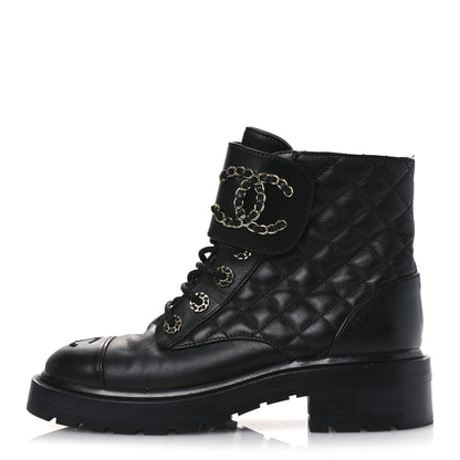 Chanel Shiny Lambskin Quilted Lace Up Combat Boots 36.5 Black 1 of 12