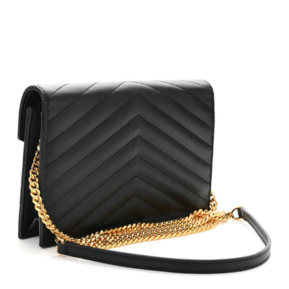 Saint Laurent Grain De Poudre Matelasse Chevron Monogram Envelope Chain Wallet Black 3 of 11