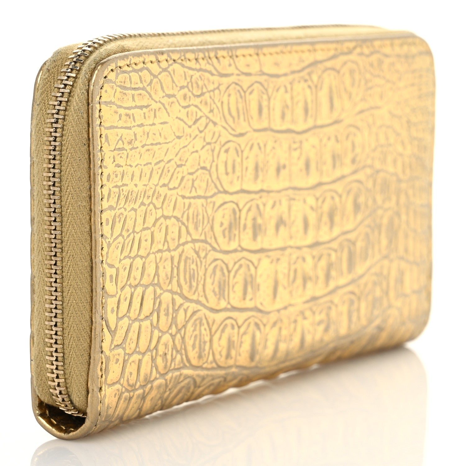 Chanel Metallic Calfskin Crocodile Embossed Small Zip Wallet Gold 2 of 6