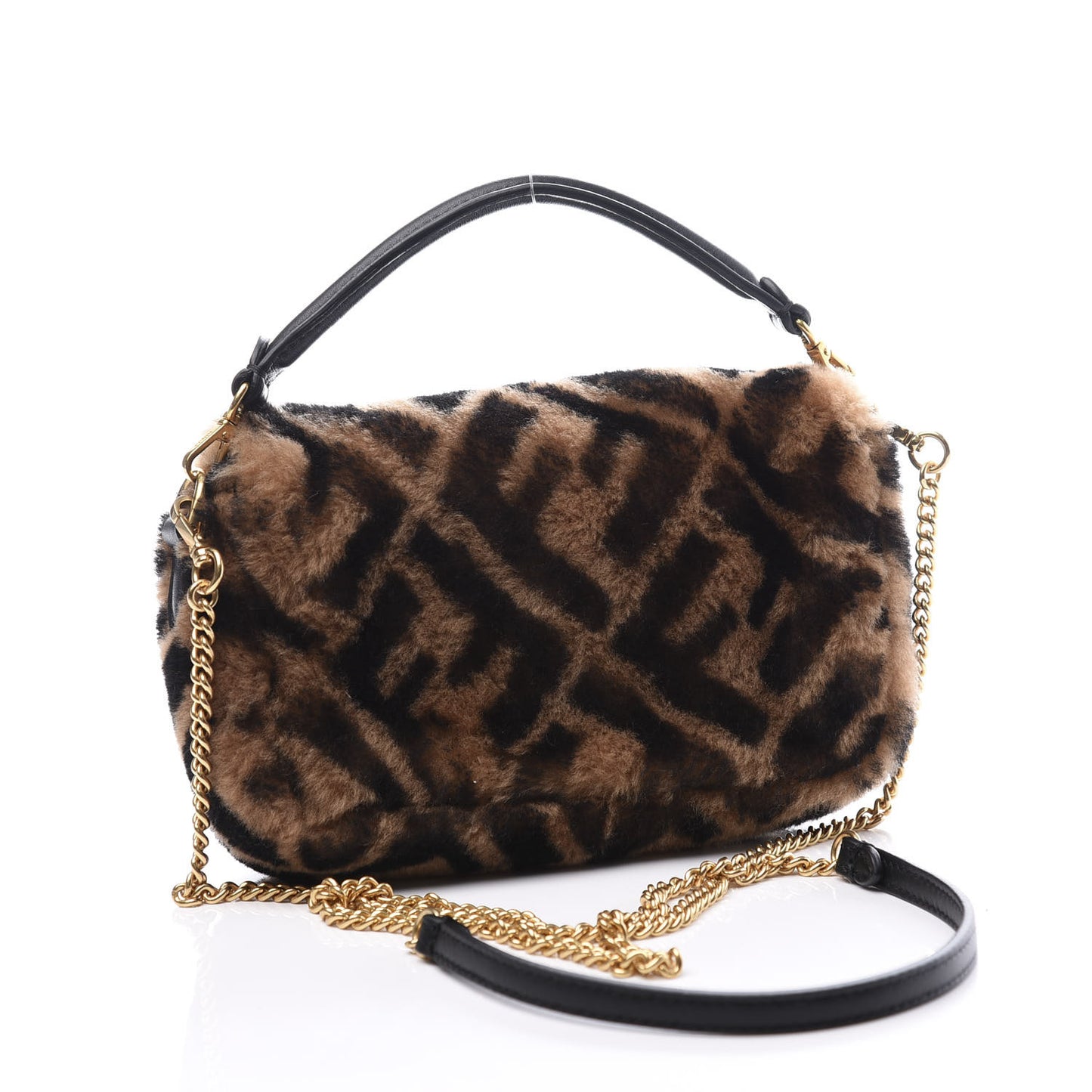 Shearling Vitello Dolce Macro FF 1974 Mini Baguette Tobacco Black