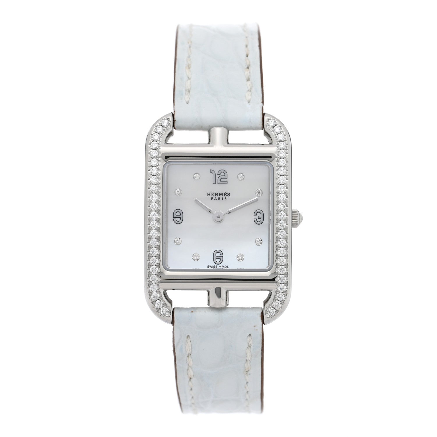 Hermes Stainless Steel Alligator Diamond Bezel Mother of Pearl 23mm Cape Cod Quartz Watch Bleu Brum 1 of 5