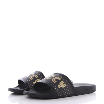 Gucci X SEGA Supreme Canvas GUCCY Stars Womens Slide Sandals 35 Black Gold 2 of 10