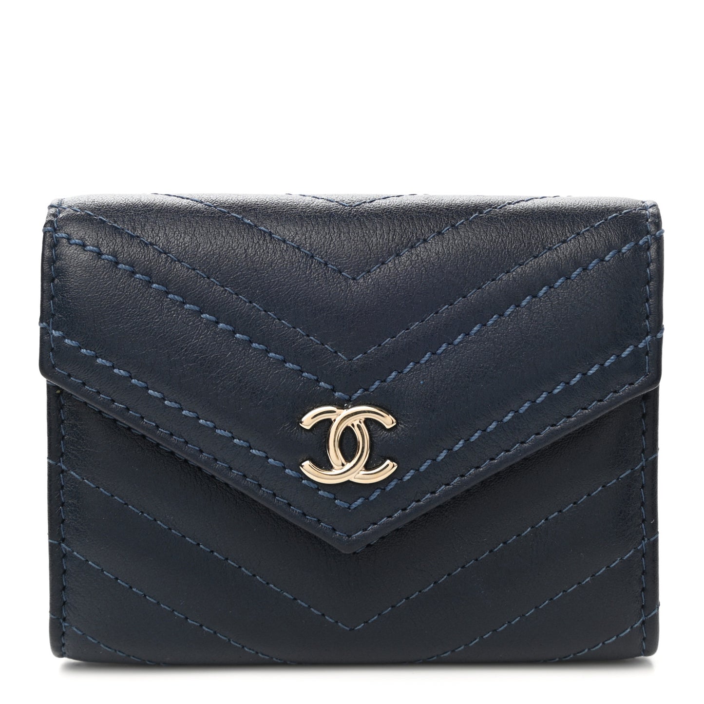 Goatskin Chevron Quilted Card Holder Flap Wallet Blue