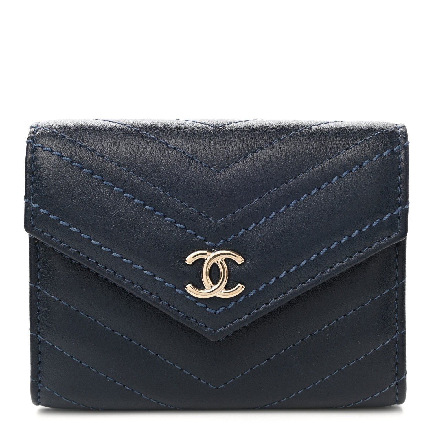 Chanel Goatskin Chevron Quilted Card Holder Flap Wallet Blue 1 of 9