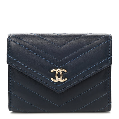 Chanel Goatskin Chevron Quilted Card Holder Flap Wallet Blue 1 of 9