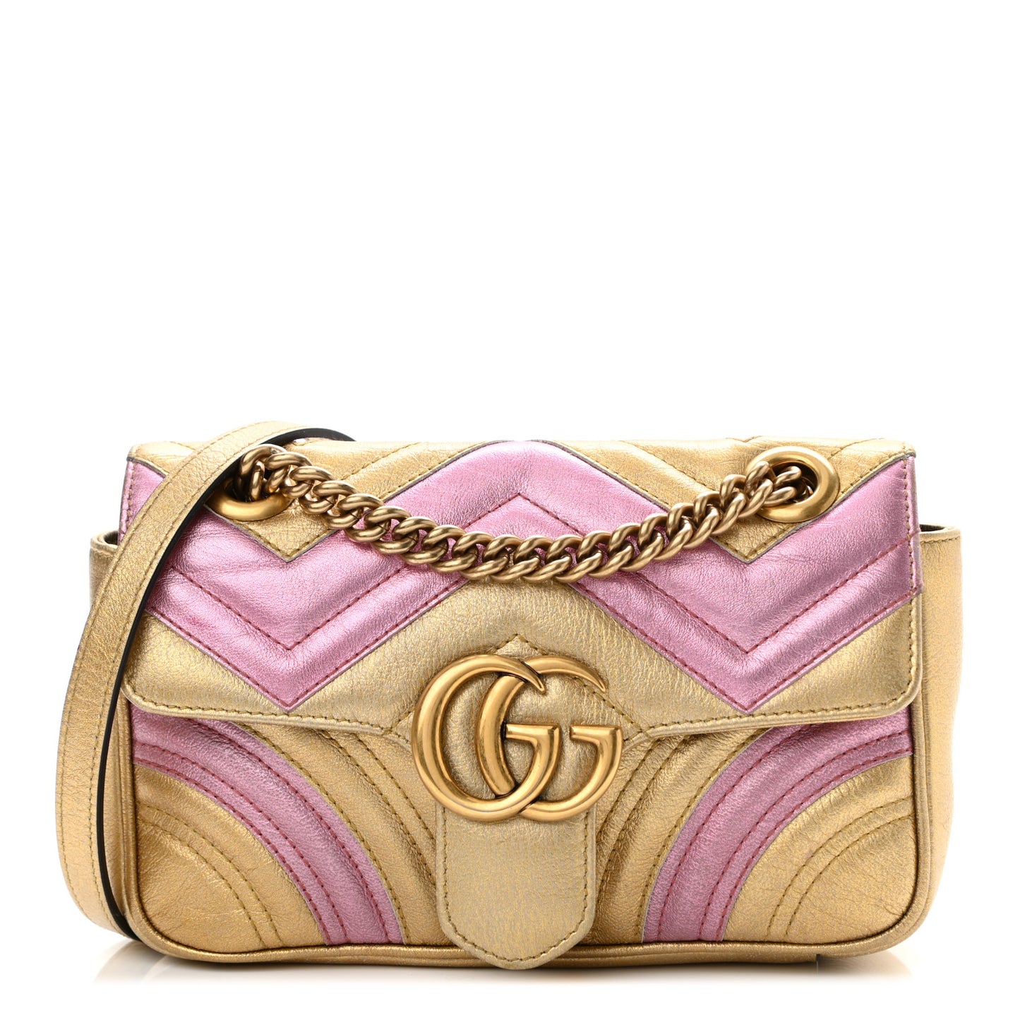 Metallic Calfskin Matelasse Mini GG Marmont Shoulder Bag Gold Pink