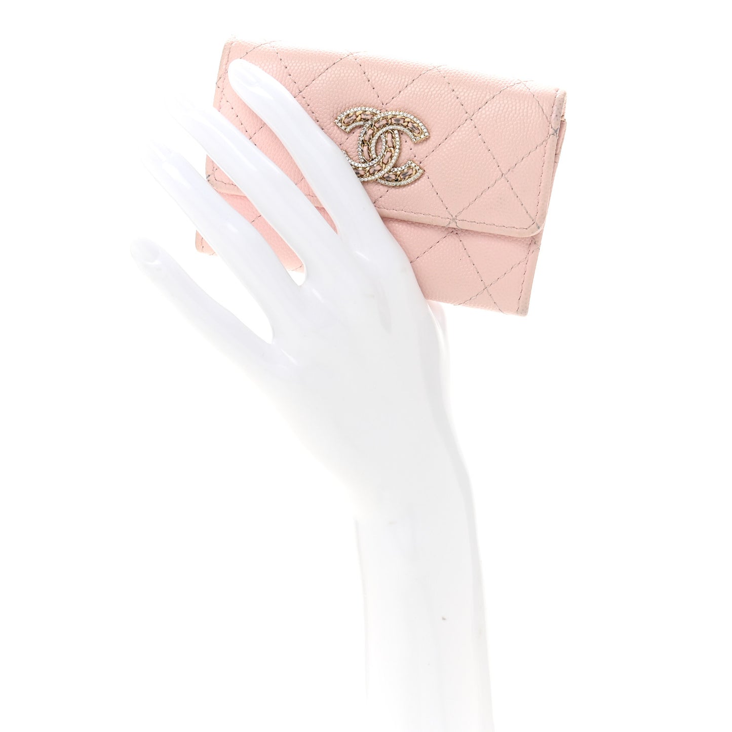 Caviar Quilted Crystal CC Flap Card Holder Pink