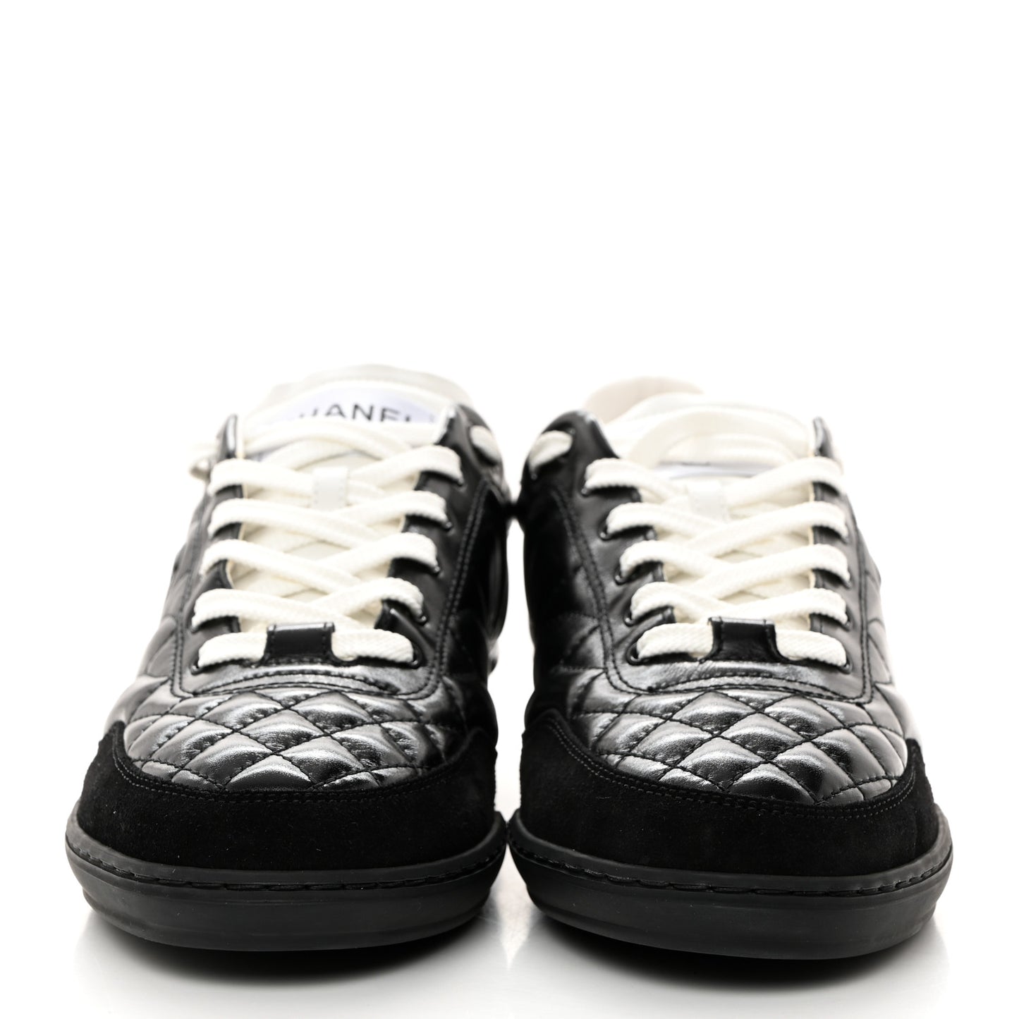 Calfskin Suede Quilted Womens Logo Sneakers 38 Black White