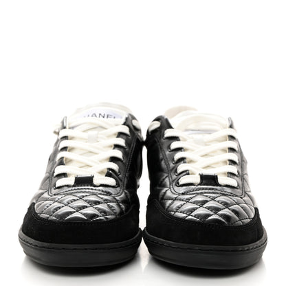 Chanel Calfskin Suede Quilted Womens Logo Sneakers 38 Black White 2 of 10