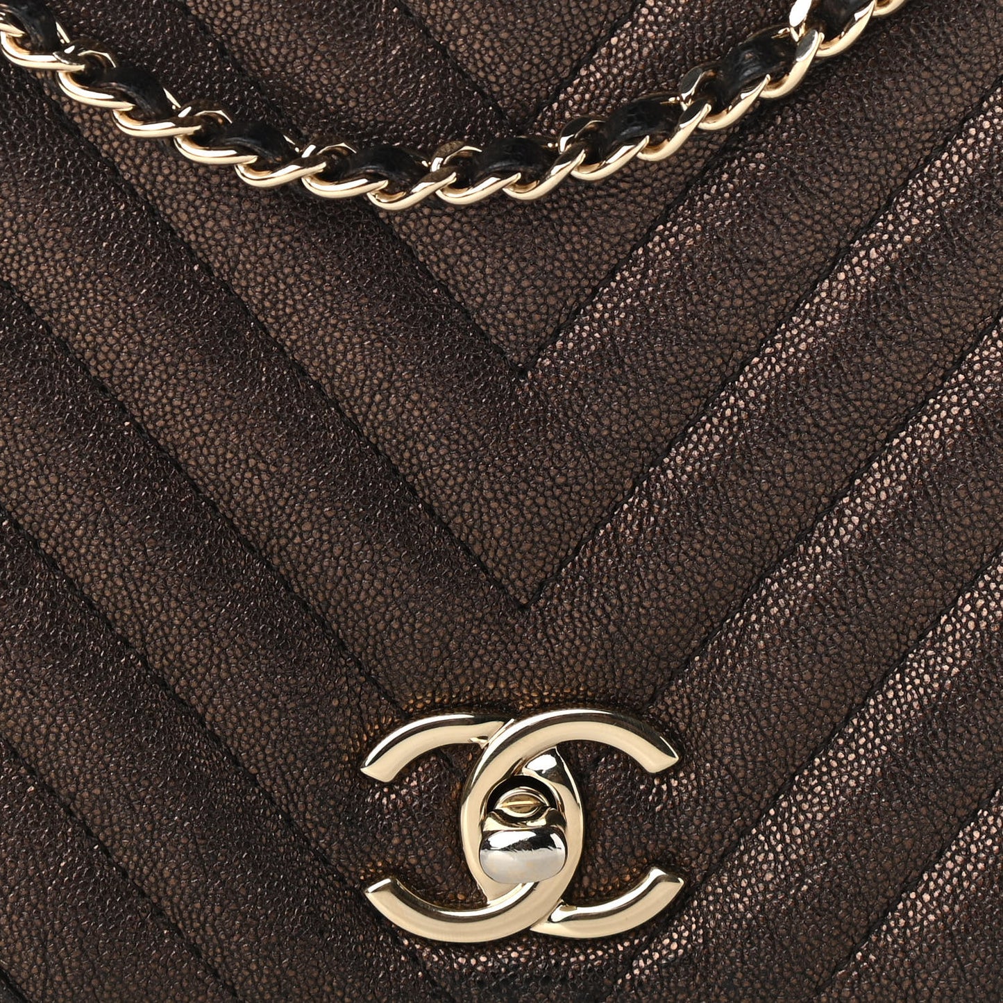 Metallic Caviar Chevron Quilted Medium Statement Flap Bronze