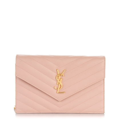 Saint Laurent Grain De Poudre Matelasse Chevron Monogram Envelope Chain Wallet Pale Pink 1 of 8