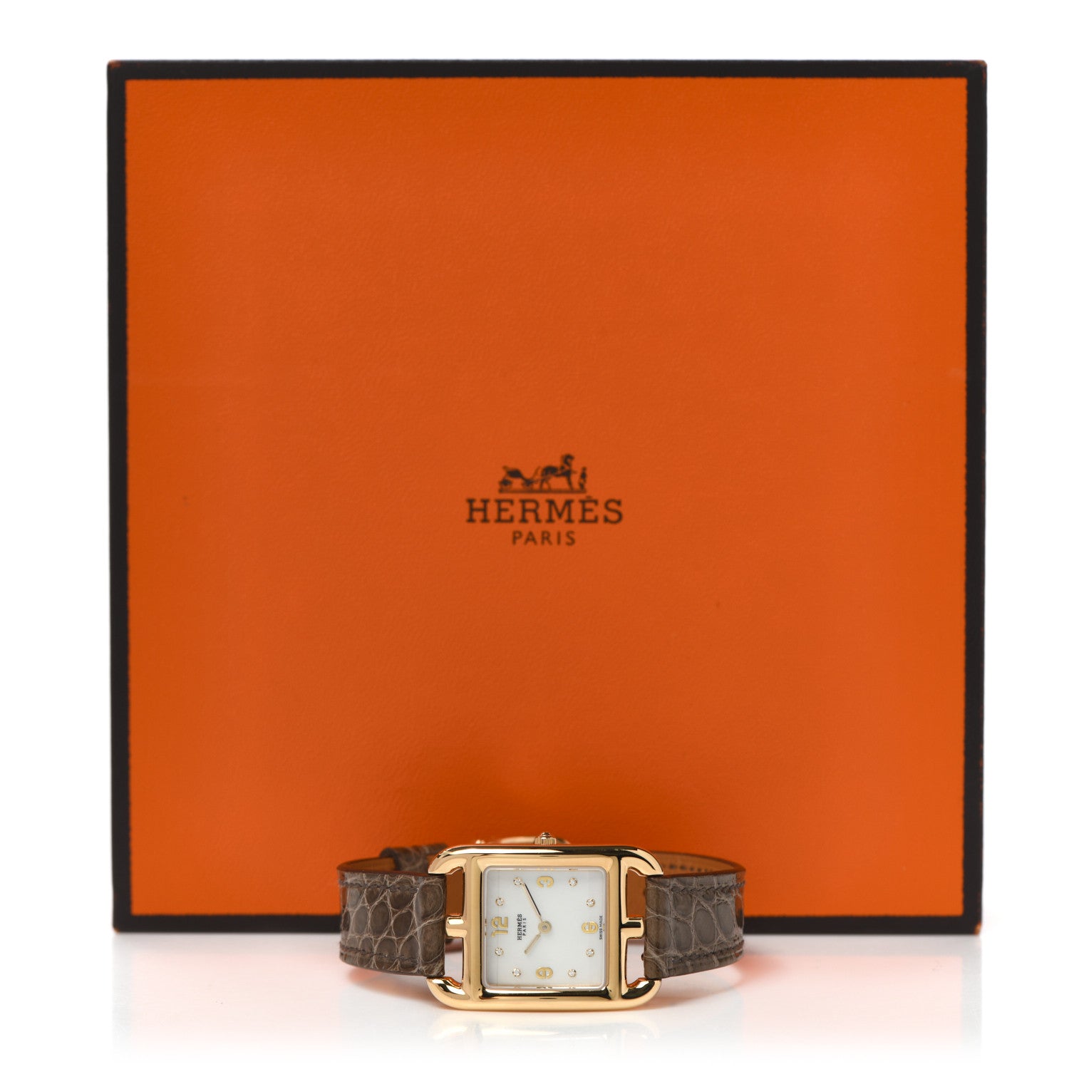 Hermes 18K Yellow Gold Alligator Diamond Mother of Pearl 23mm Cape Cod Quartz Watch Gris Elephant 5 of 5