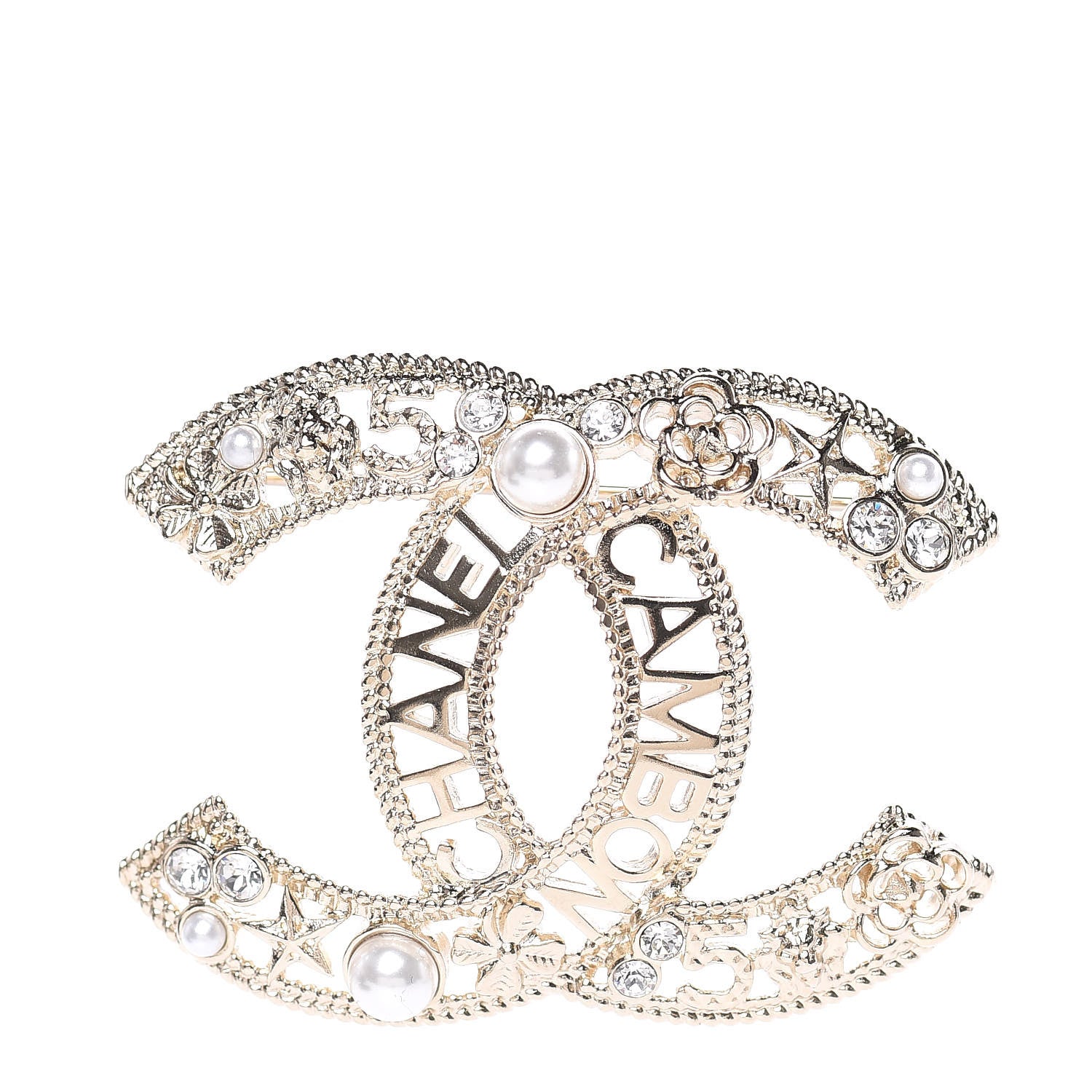 Chanel Crystal Pearl Charms CC Logo Brooch Gold 1 of 5