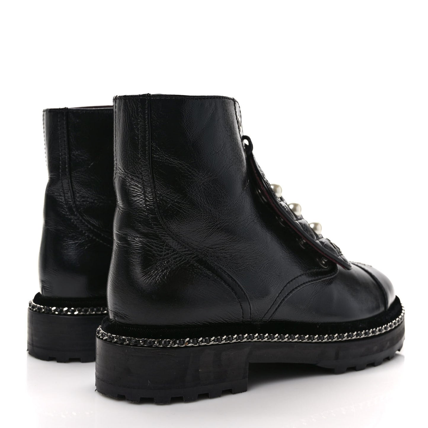 Crackled Calfskin Velvet Pearl Combat Short Boots 36.5 Black