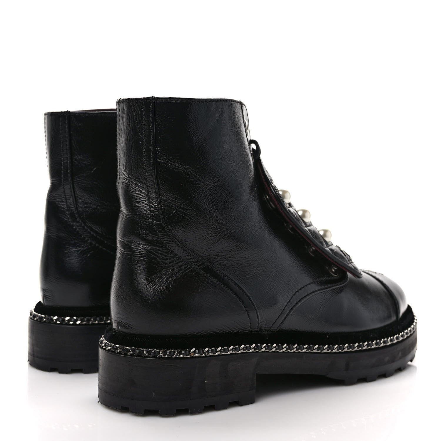 Chanel Crackled Calfskin Velvet Pearl Combat Short Boots 36.5 Black 4 of 8