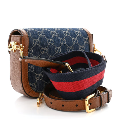 Gucci New Denim GG Monogram Dollar Calfskin Web Mini Horsebit 1955 Shoulder Bag Blue Tea Cuir Epilog 3 of 10