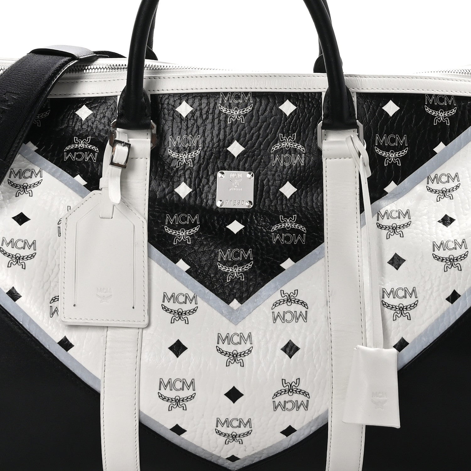 MCM Visetos Chevron Colorblock Ottomar Weekender Duffle Bag Black White 6 of 11
