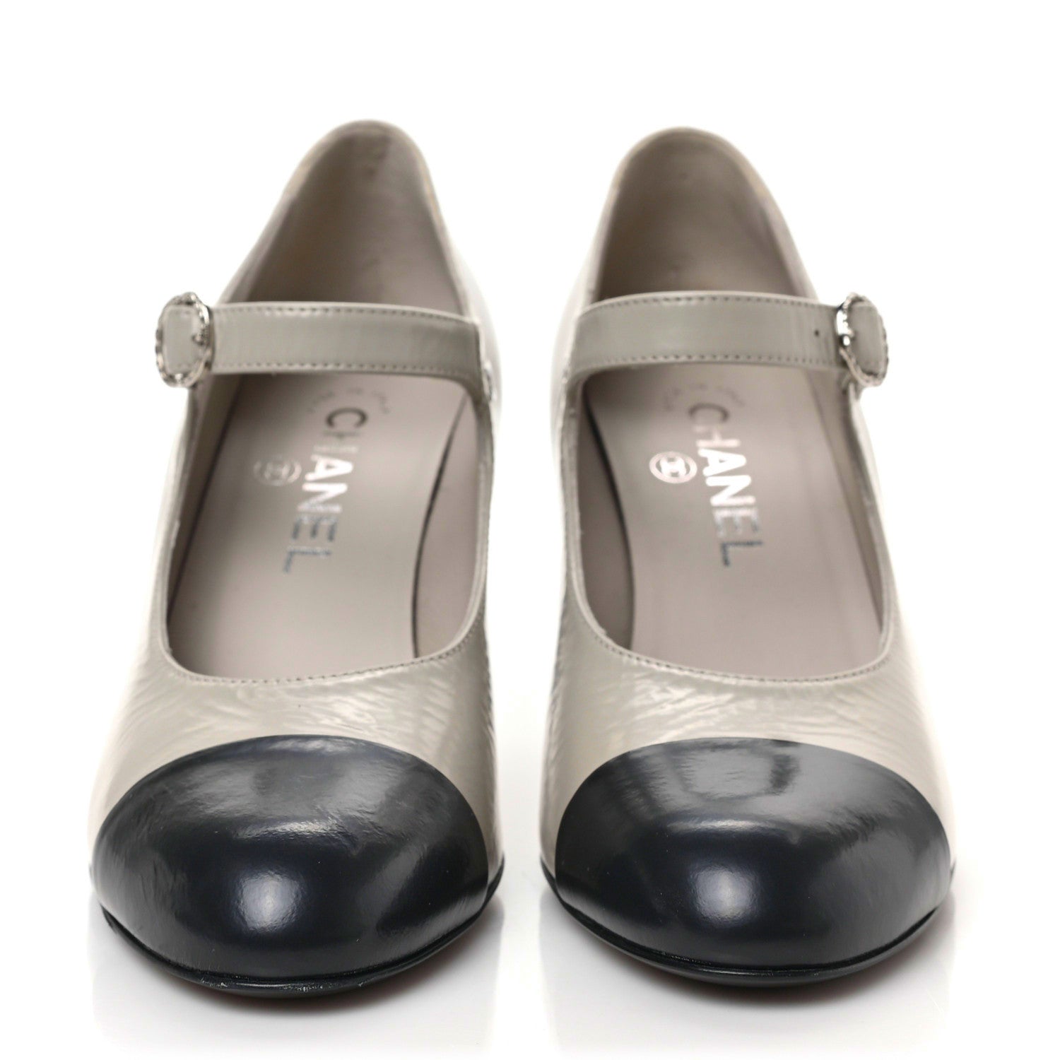 Chanel Shiny Goatskin Cap Toe Mary Jane Pumps 37.5 Black Dark Grey 2 of 8
