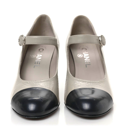 Chanel Shiny Goatskin Cap Toe Mary Jane Pumps 37.5 Black Dark Grey 2 of 8