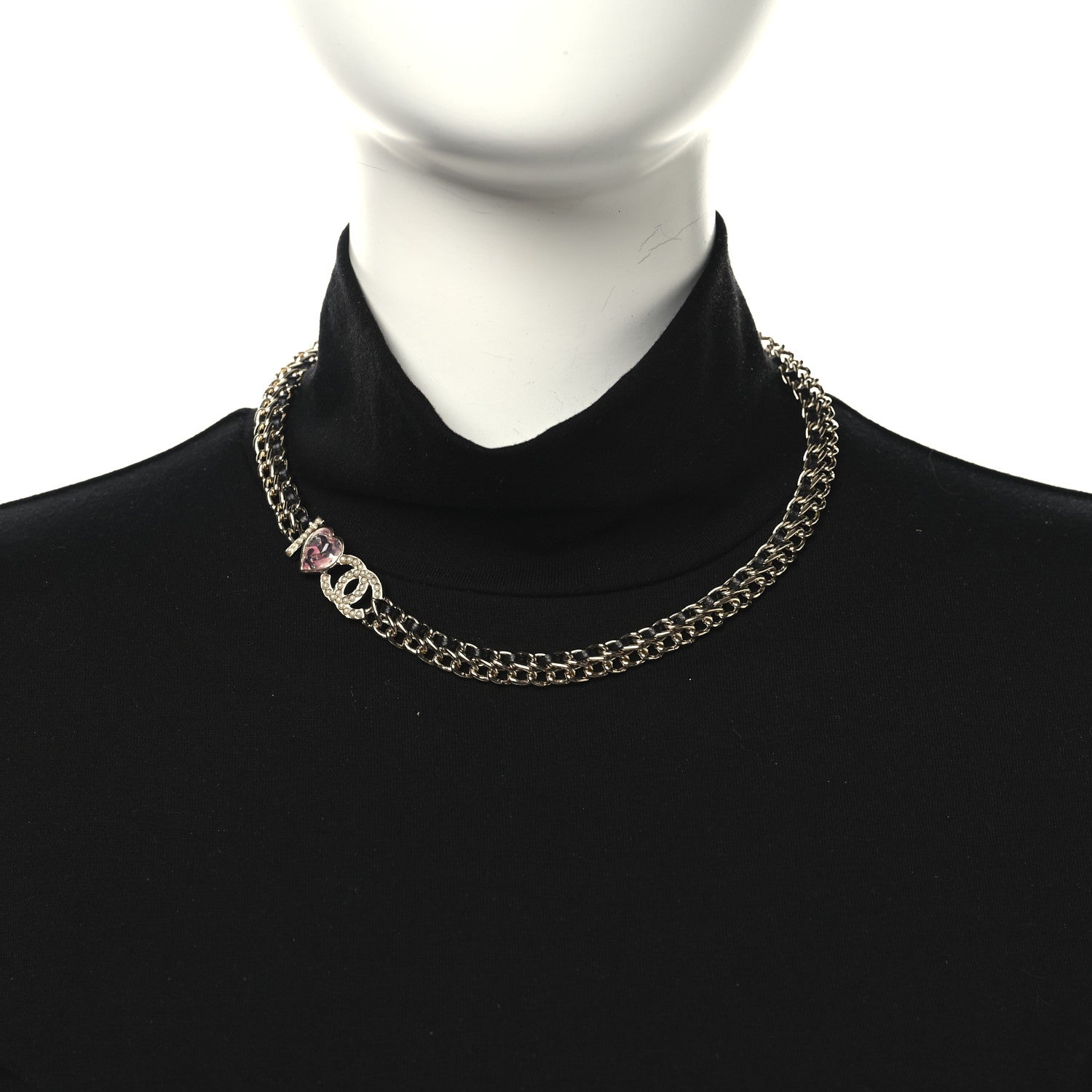Chanel Metal Lambskin Crystal I Heart CC Choker Necklace Gold Black 2 of 4