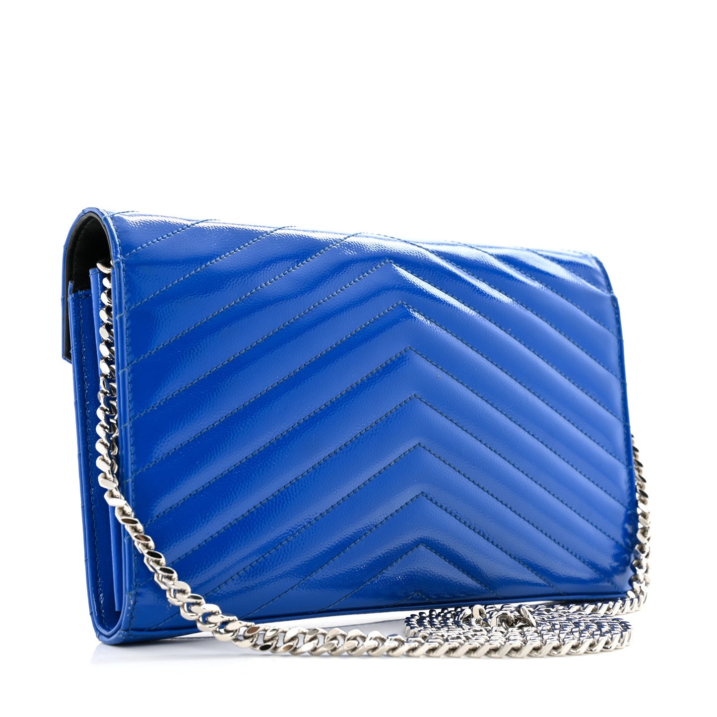 Patent Grain De Poudre Matelasse Chevron Monogram Chain Wallet Blue Majorelle