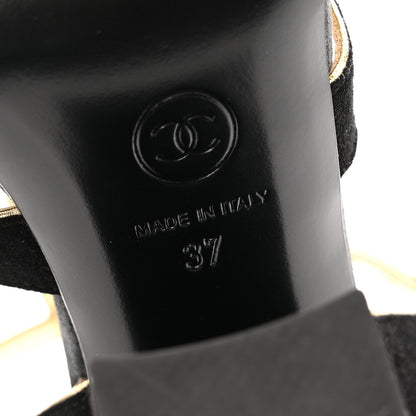 Chanel Suede Calfskin Peep Toe Ankle Strap Pumps 37 Black Grey 8 of 12