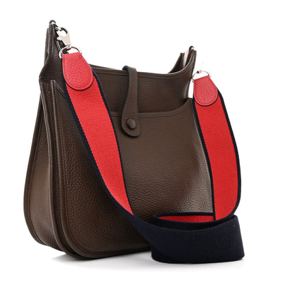 Hermes Taurillon Clemence Amazone Evelyne III PM Chocolate Rouge Casaque Bleu Saphir 3 of 11