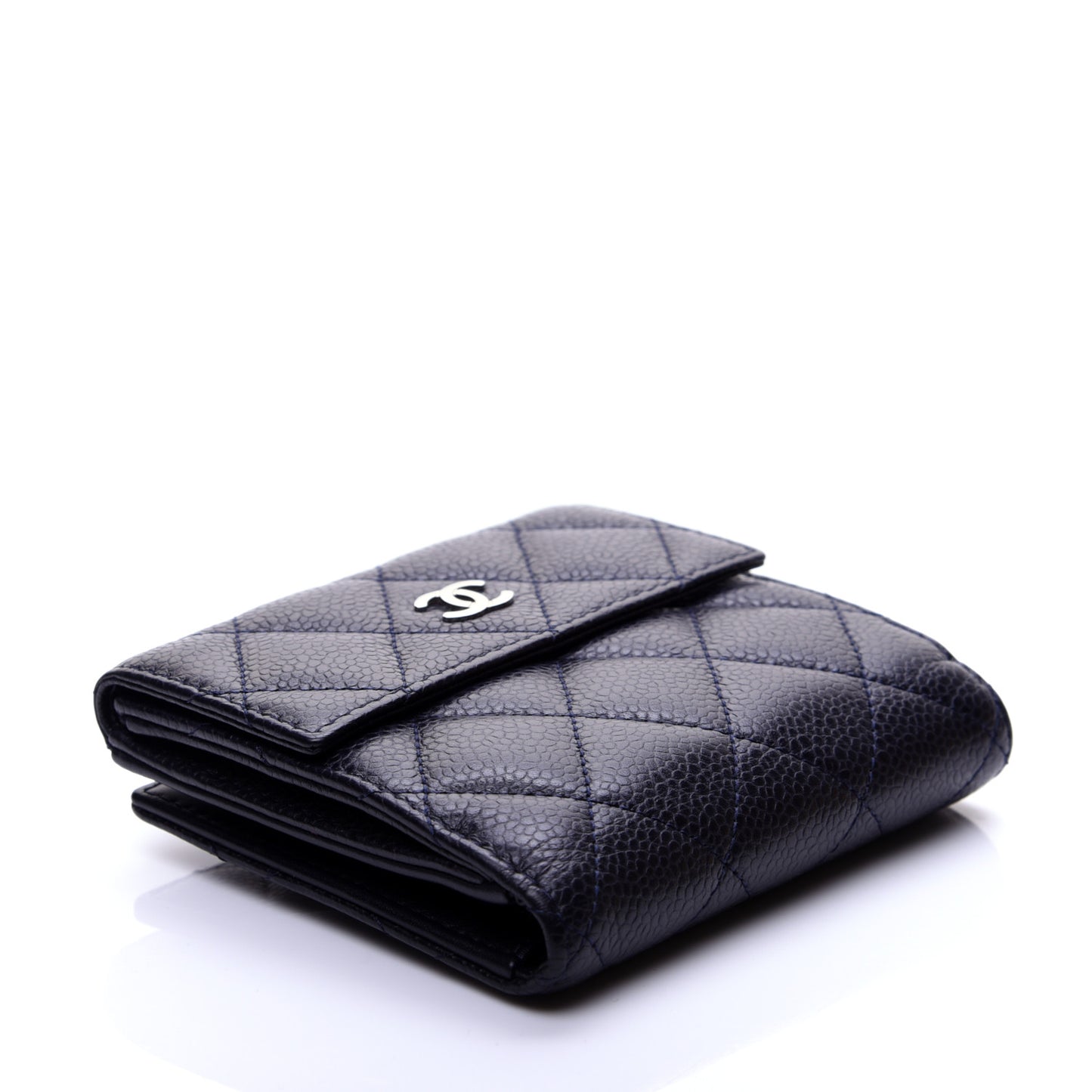 Caviar Quilted Compact French Flap Wallet Dark Blue