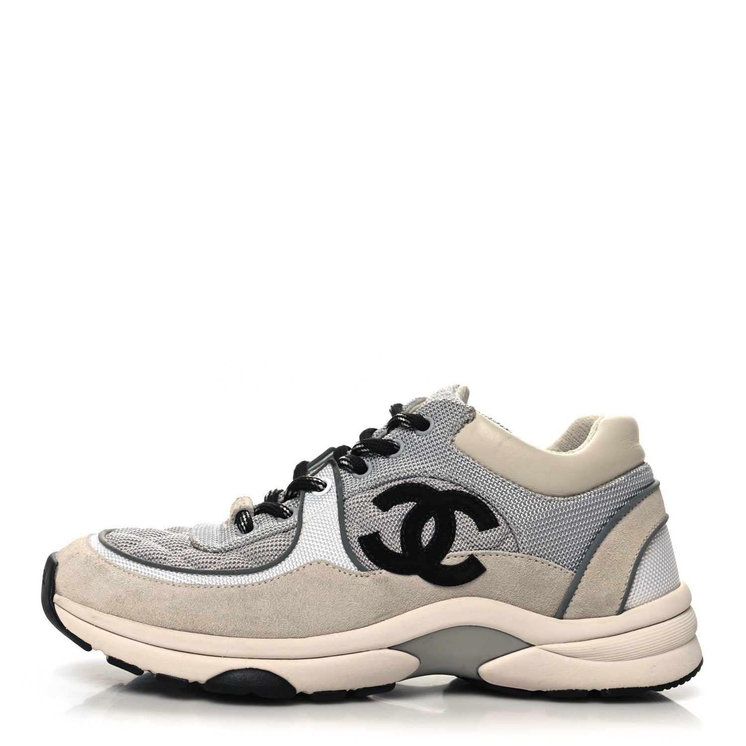 Chanel Mesh Suede Calfskin Grained Calfskin Womens CC Sneakers 38 Beige Grey Black 1 of 9