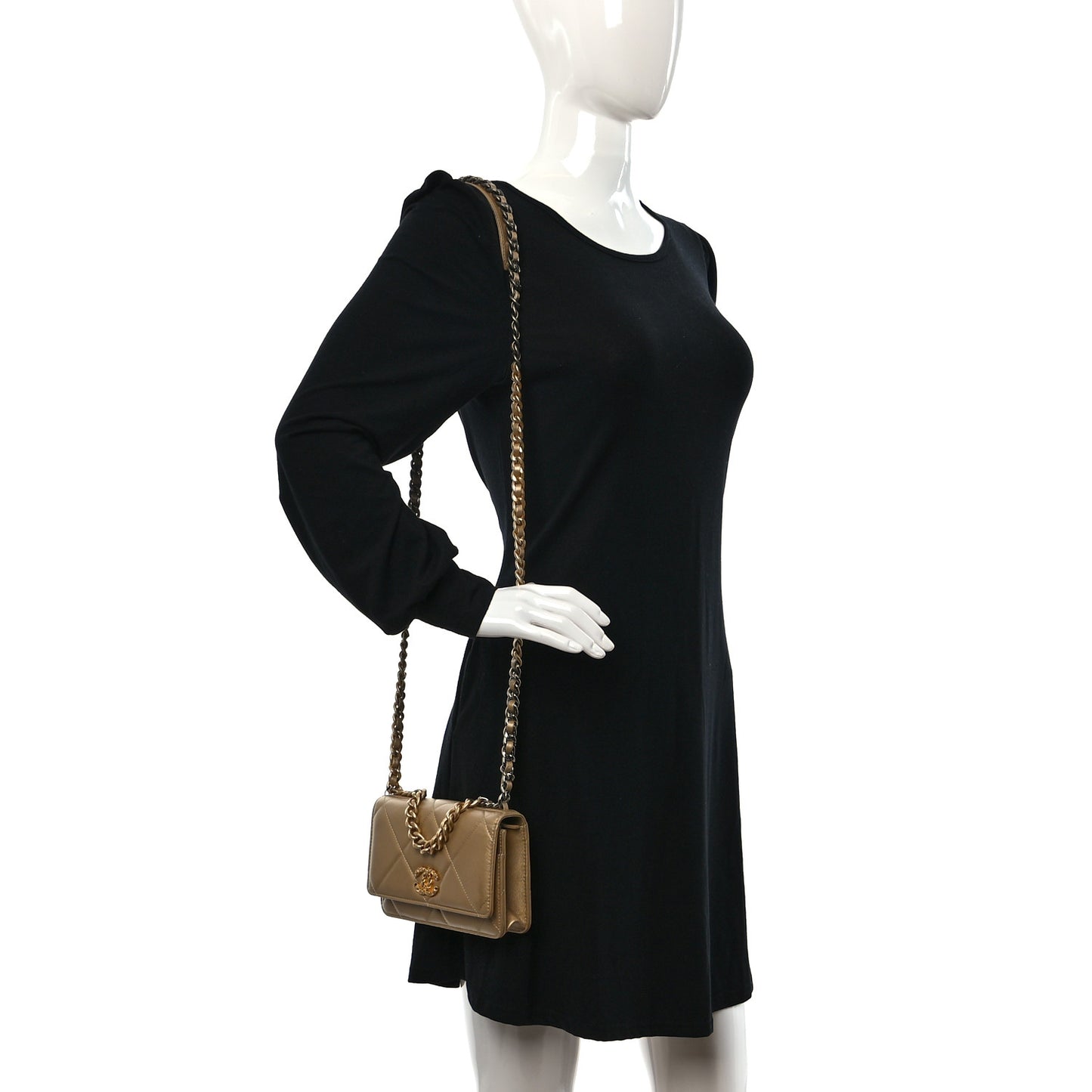 Metallic Goatskin Quilted Chanel 19 Wallet On Chain WOC Gold