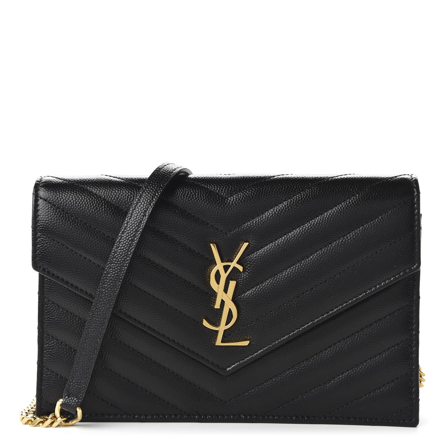 Saint Laurent Grain De Poudre Matelasse Chevron Monogram Envelope Chain Wallet Black 1 of 10