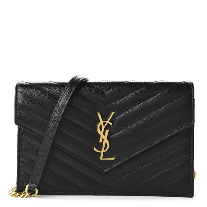 Saint Laurent Grain De Poudre Matelasse Chevron Monogram Envelope Chain Wallet Black 1 of 10