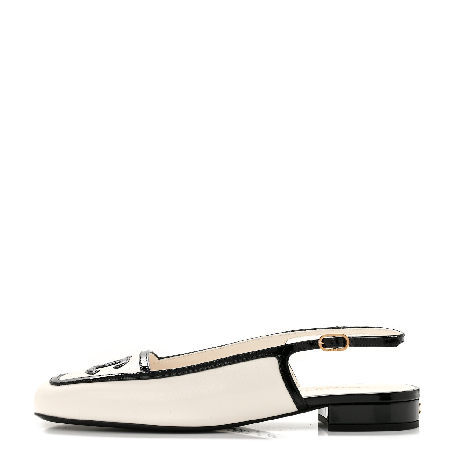 Chanel Lambskin Patent Calfskin CC Slingback Flats 37.5 White Black 1 of 10