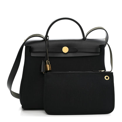 Hermes Military Toile Vache Hunter Herbag Zip Retourne 31 PM Bleu Marine Black 3 of 11