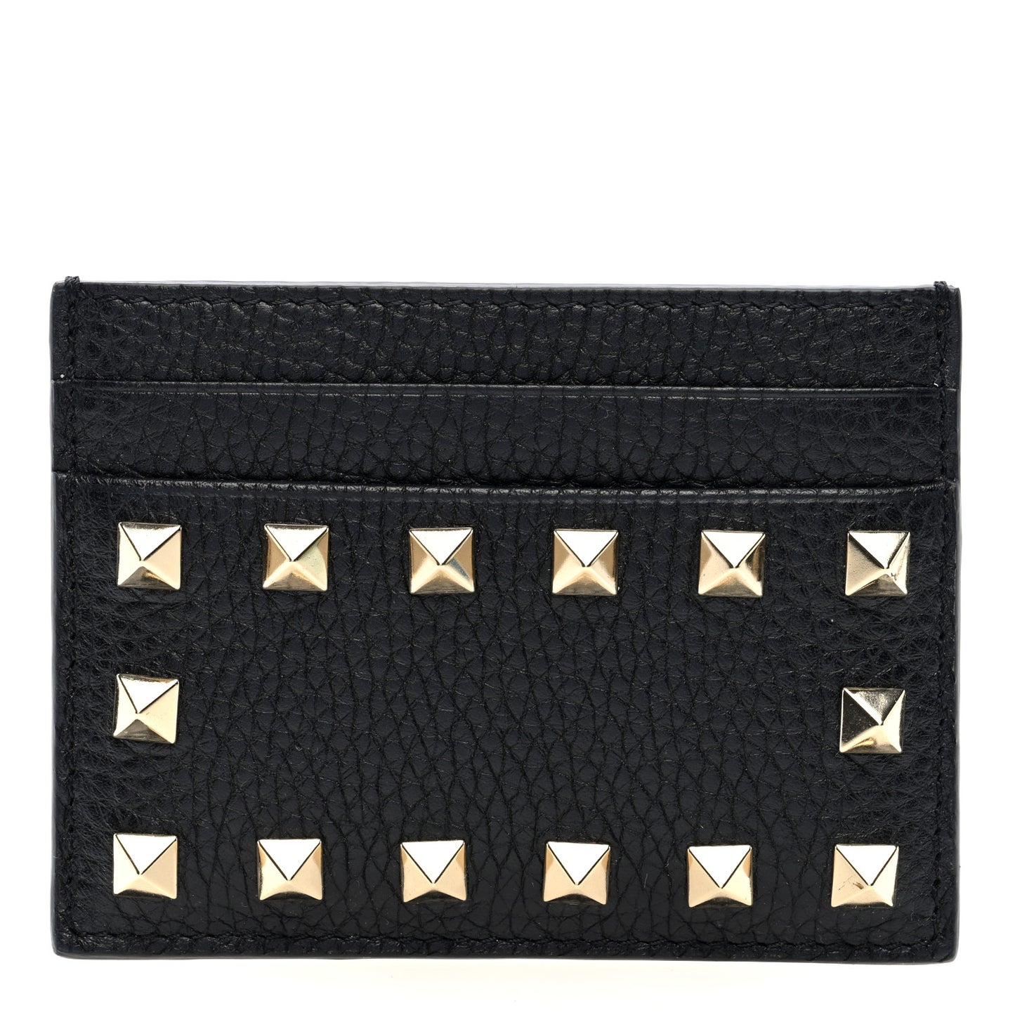 Pebbled Calfskin Rockstud Card Holder Black