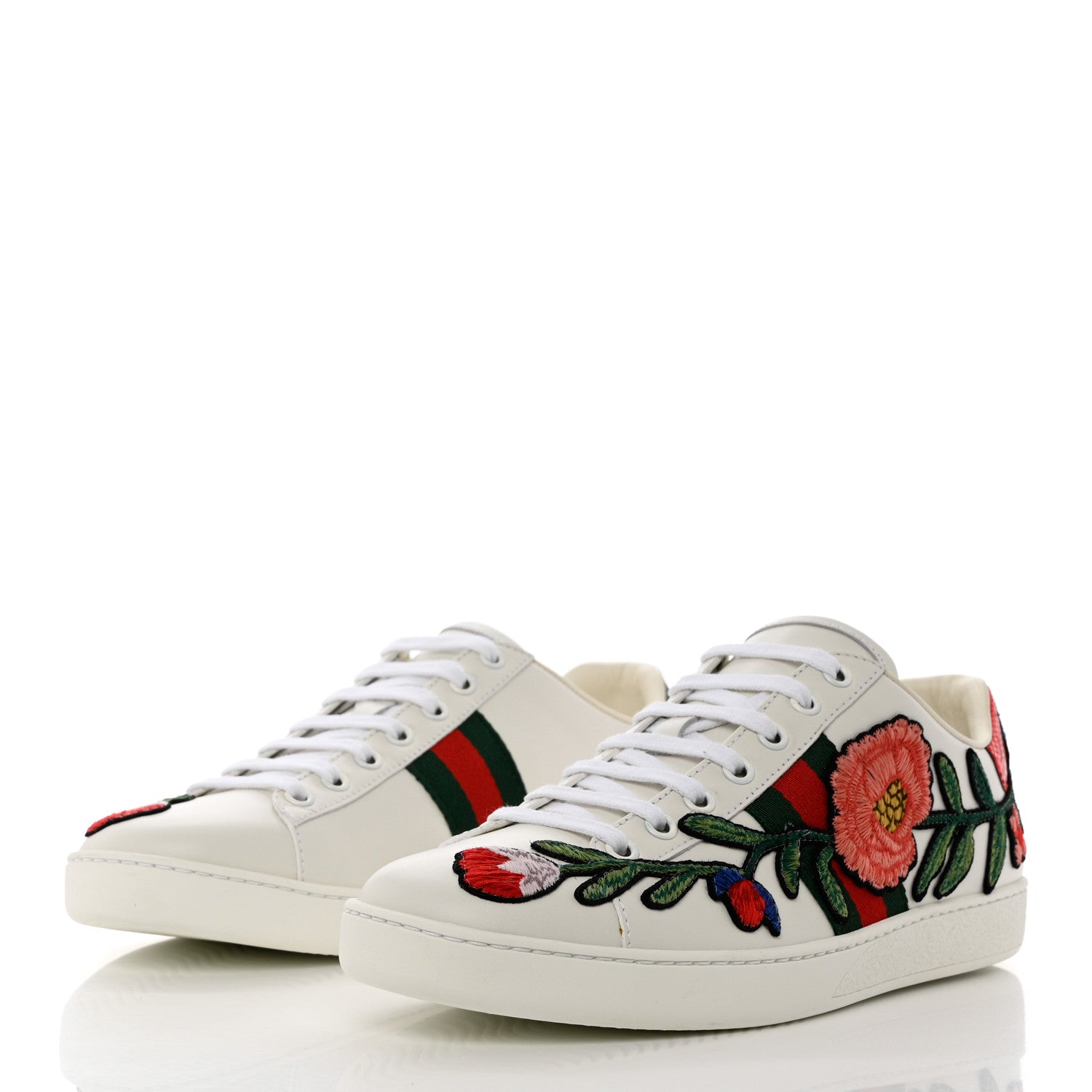 Gucci Calfskin Web Floral Embroidered Womens Ace Sneakers 39 White 3 of 9