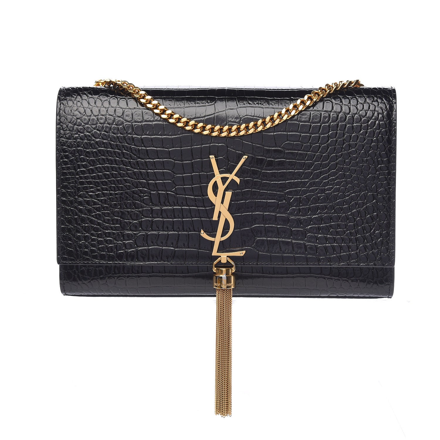 Saint Laurent Calfskin Crocodile Embossed Medium Classic Monogram Kate Tassel Satchel Black 1 of 11
