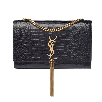 Saint Laurent Calfskin Crocodile Embossed Medium Classic Monogram Kate Tassel Satchel Black 1 of 11