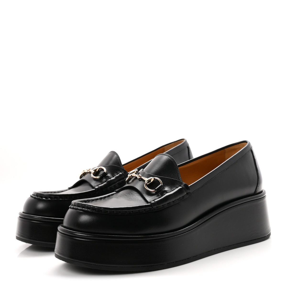 Kama Calfskin Horsebit Womens Wedge Platform Loafers 38.5 Black