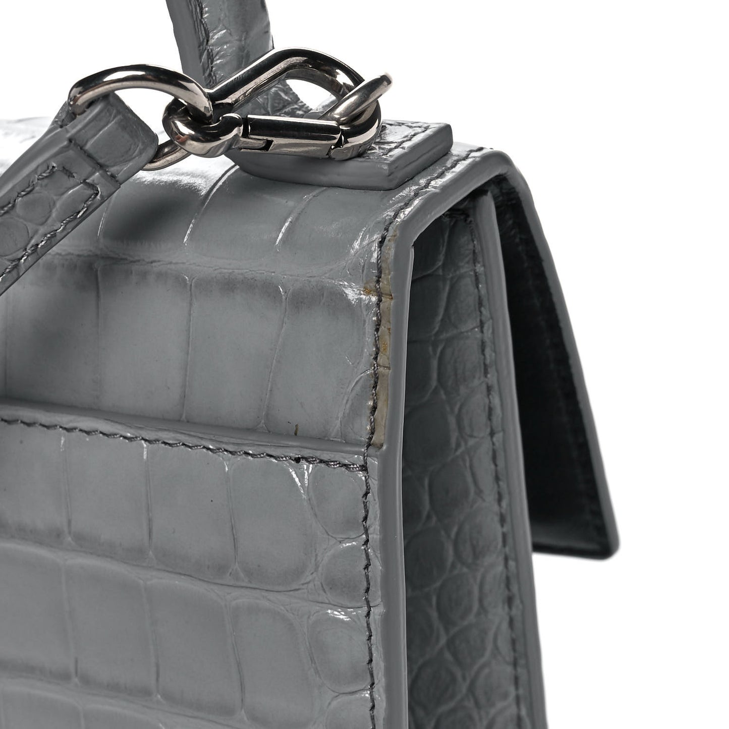 Shiny Calfskin Crocodile Embossed XS Sharp Top Handle Bag Balenciaga Grey