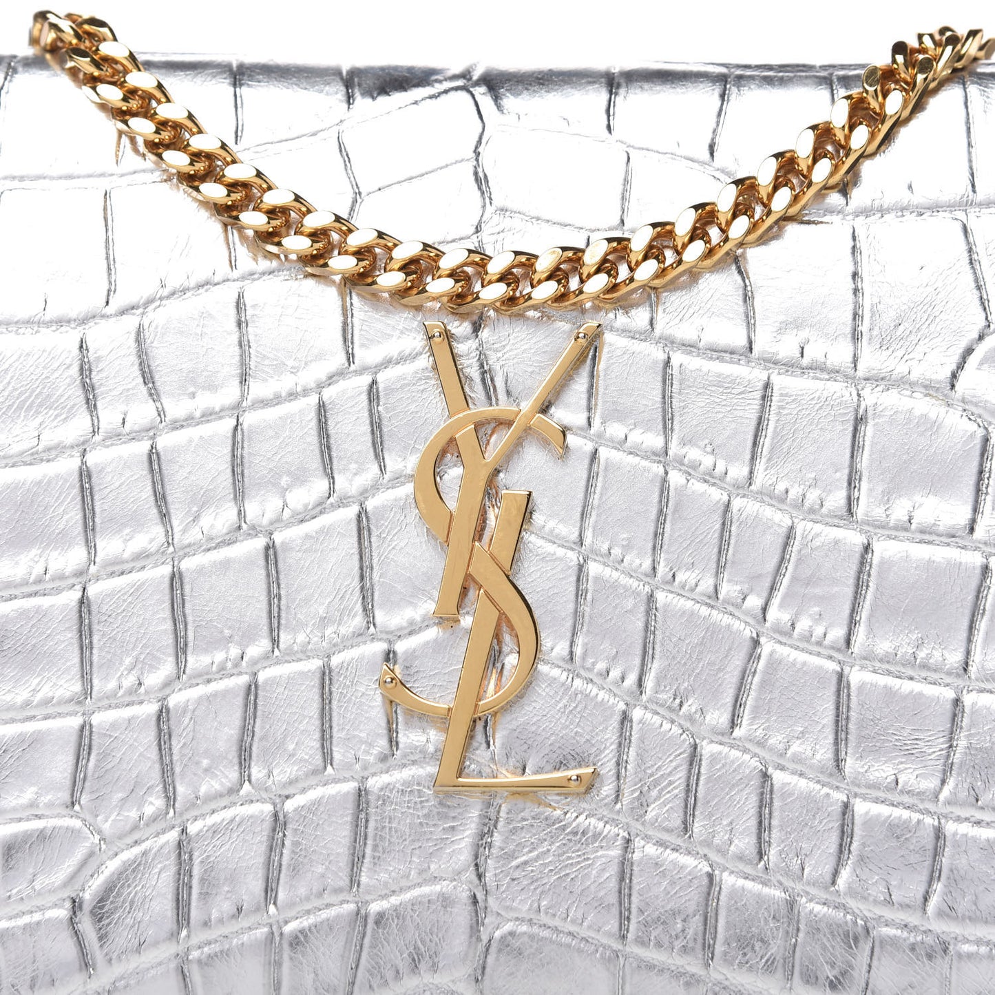 Calfskin Crocodile Embossed Monogram Chain Wallet Argento