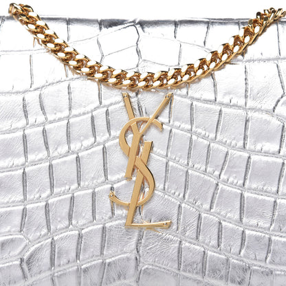 Saint Laurent Calfskin Crocodile Embossed Monogram Chain Wallet Argento 8 of 9
