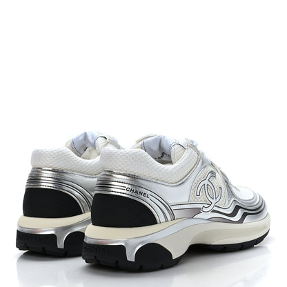 Chanel Fabric Laminated Calfskin Stretch CC Womens Sneakers 37.5 White Silver 4 of 9