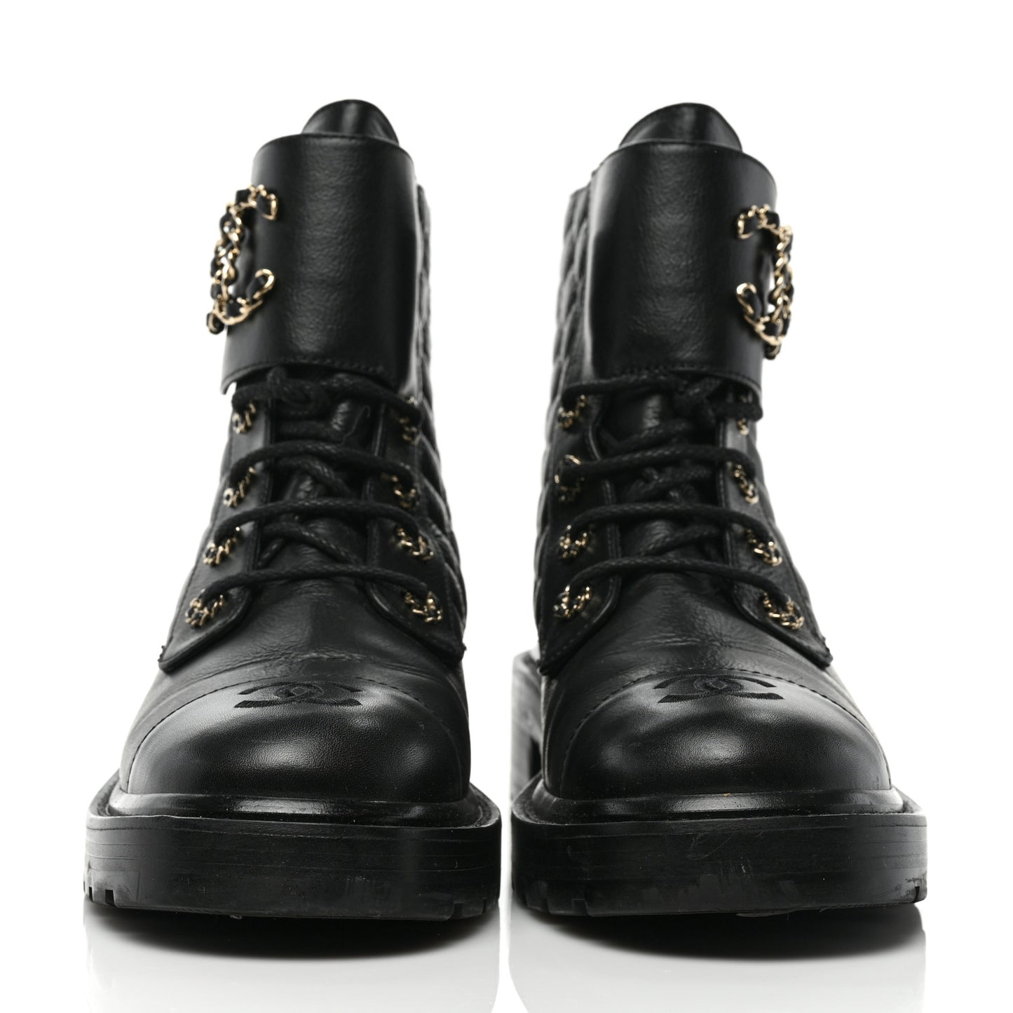 Lambskin Calfskin Quilted Lace Up Combat Boots 40.5 Black