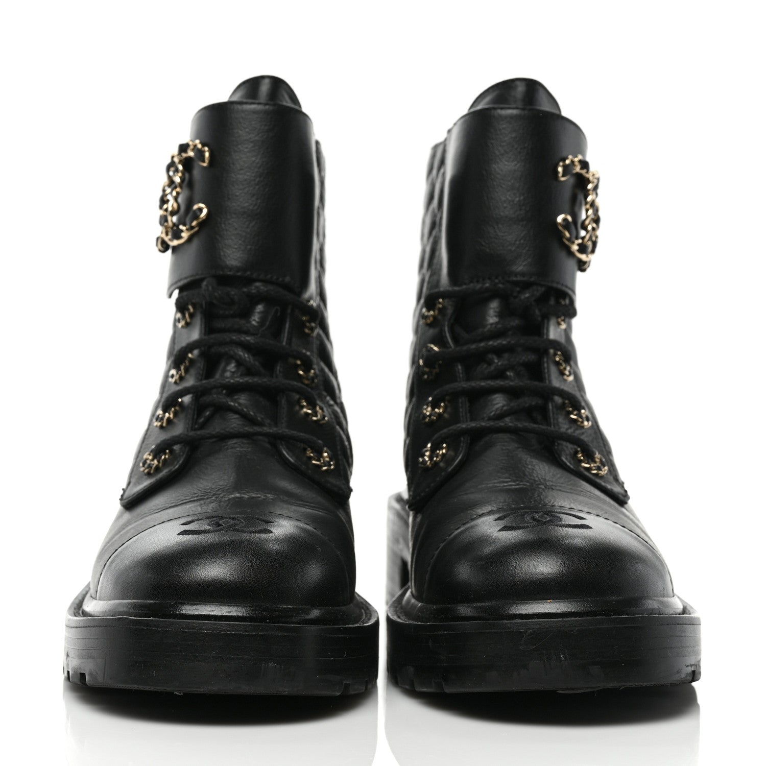Chanel Lambskin Calfskin Quilted Lace Up Combat Boots 40.5 Black 2 of 7