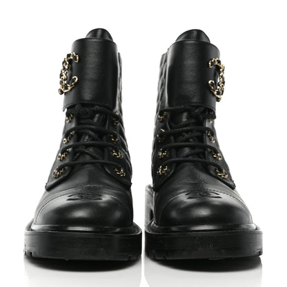 Chanel Lambskin Calfskin Quilted Lace Up Combat Boots 40.5 Black 2 of 7