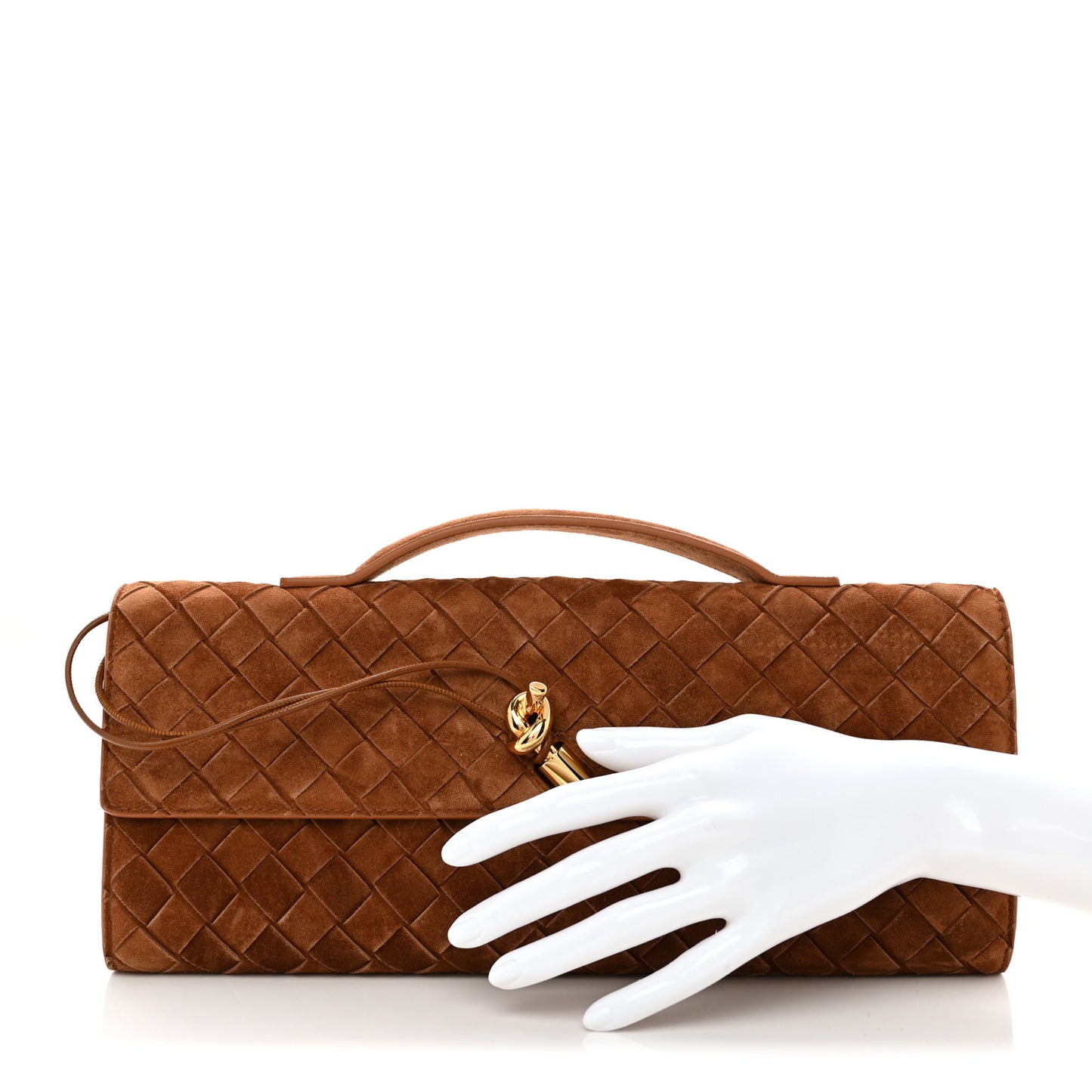 Suede Intrecciato Long Andiamo Top Handle Clutch Amber