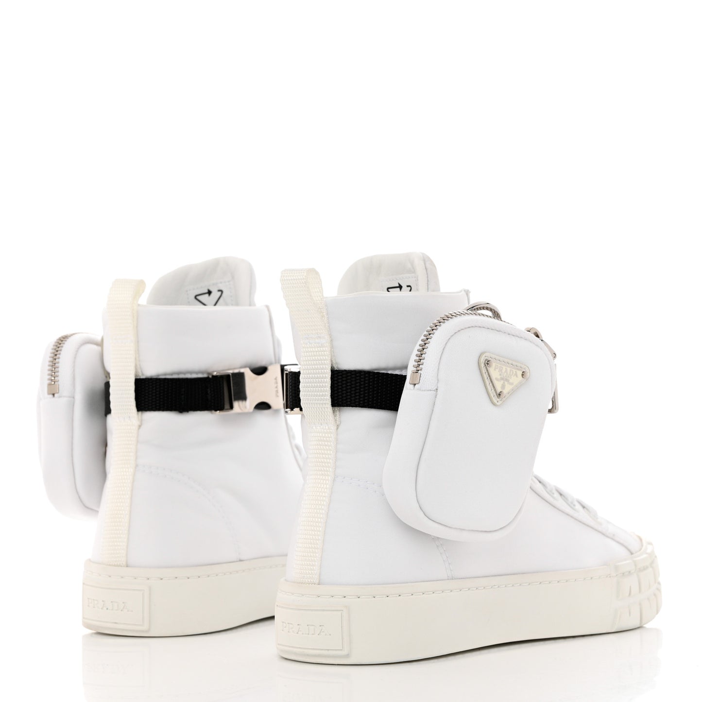 Re-Nylon Gabardine Metal Triangle Logo Wheel Pouch Pocket High Top Sneakers 35.5 White