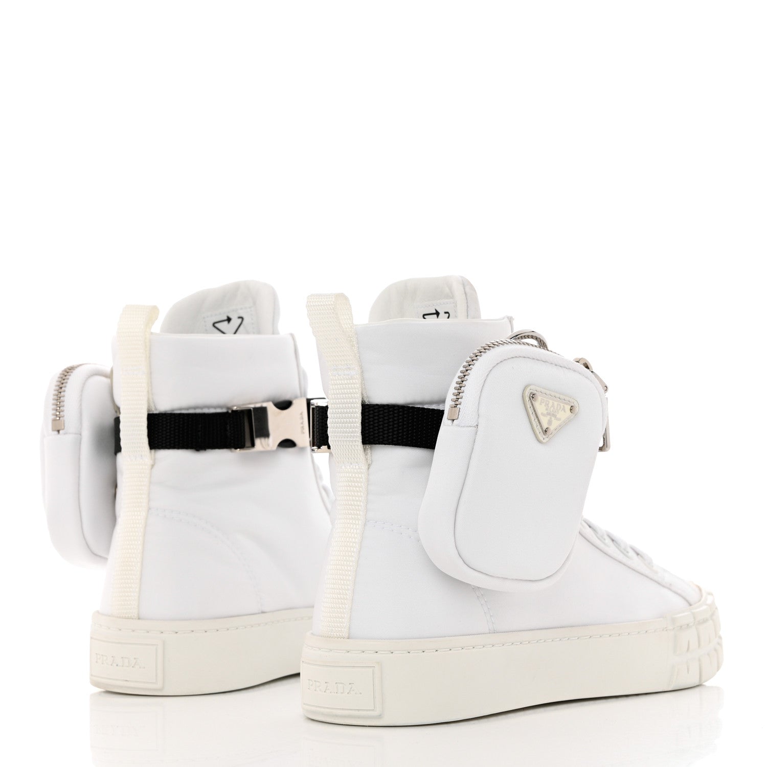 Prada Re-Nylon Gabardine Metal Triangle Logo Wheel Pouch Pocket High Top Sneakers 35.5 White 4 of 9